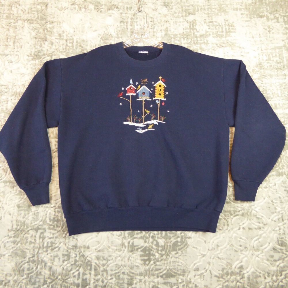 Vintage Birdhouse Sweatshirt Adult Large Blue Pullover Long Sleeve Bird Winter